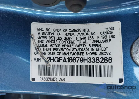 2009 Honda Civic Lx-S из США, поврежденный, VIN 2HGFA16679H338286